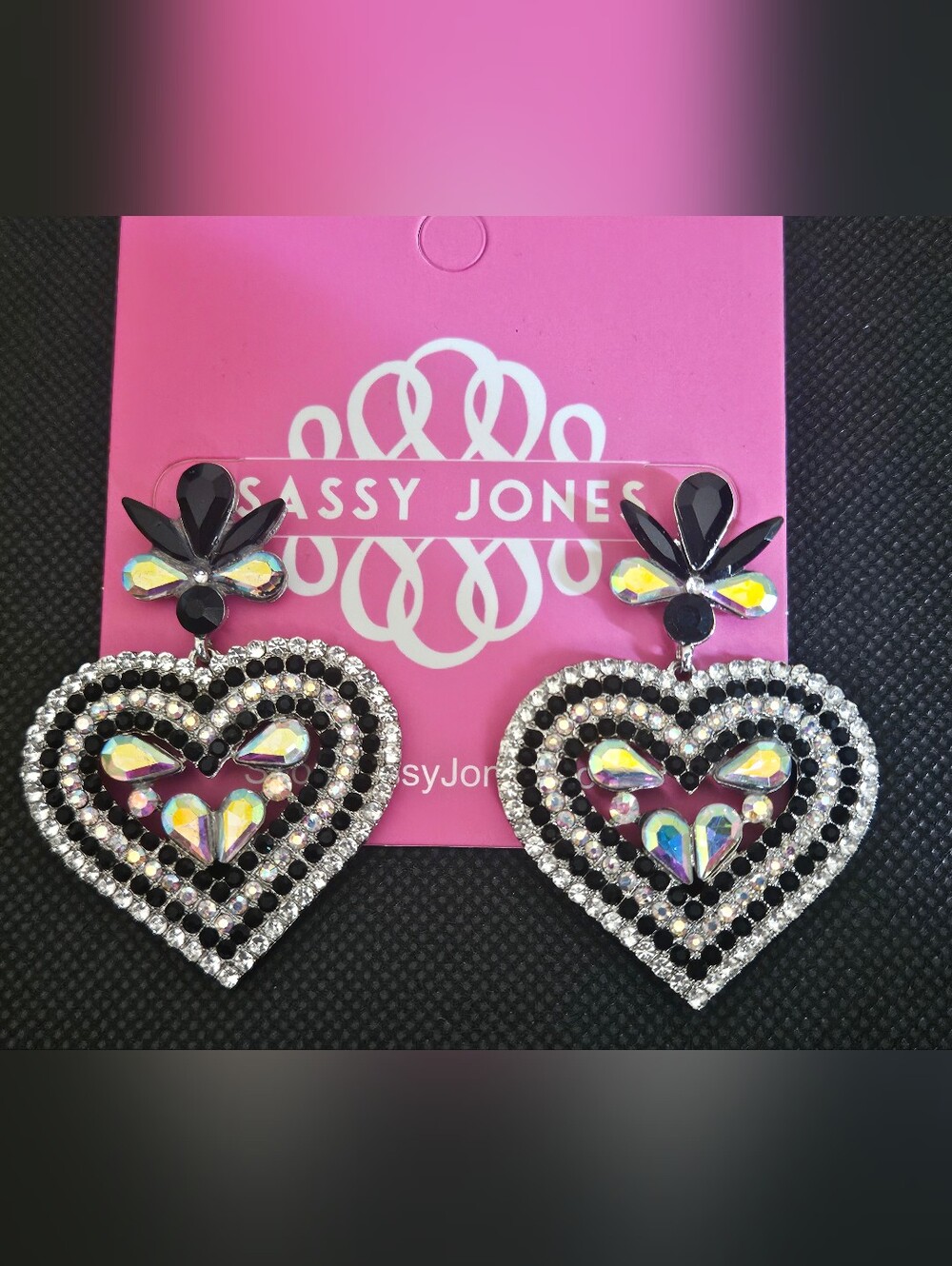 Sassy Jones Black & Iridescent Heart Drop Earrings